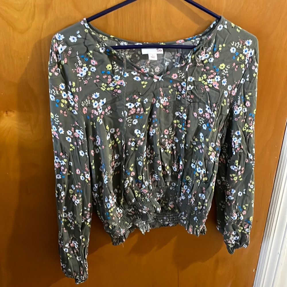 Blouse, large, green with florals. Long sleeve.